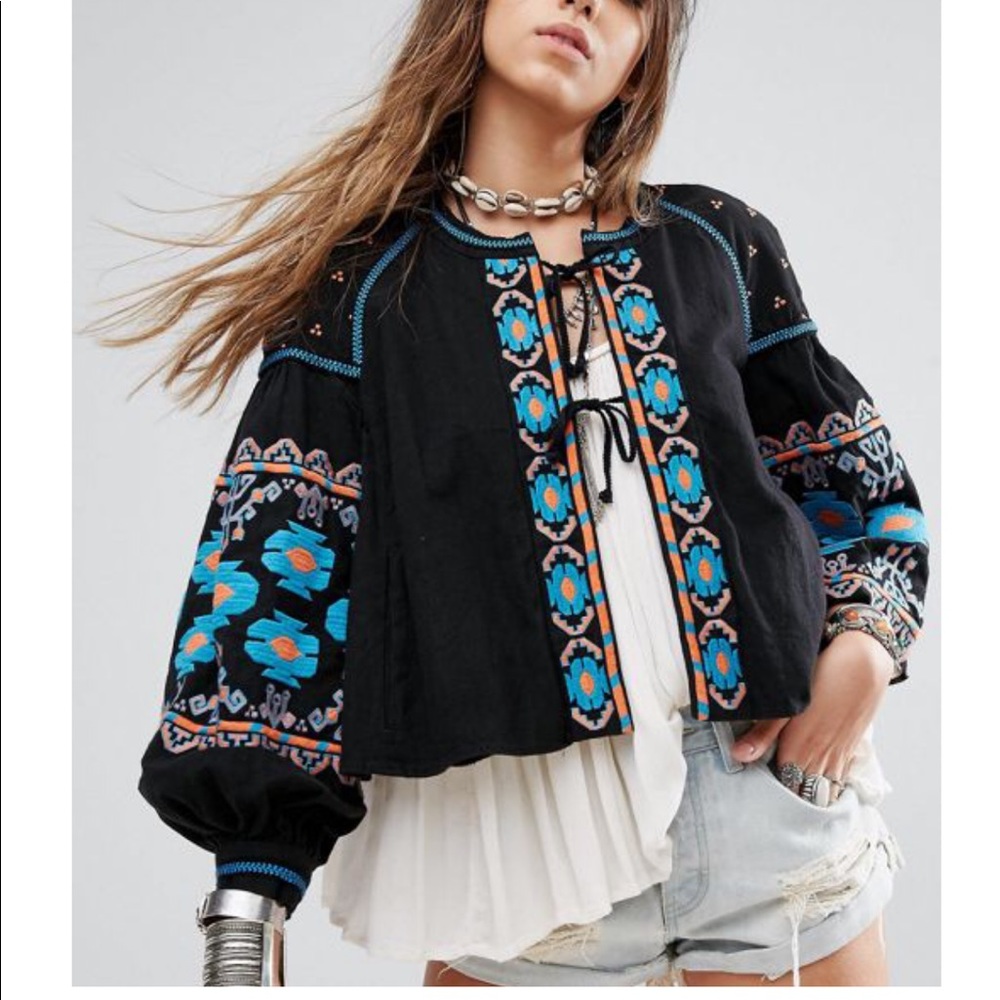 FREE PEOPLE Black Embroidered Swingy Jacket